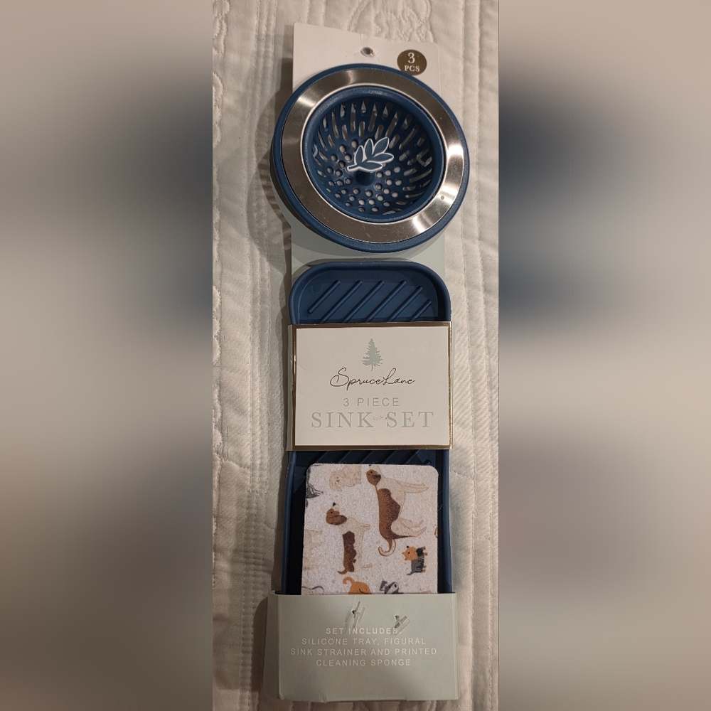 Spruce Lane 3 Pc Kitchen Blue Sink Strainer, Printed Sponge & Silicon Tray ,New